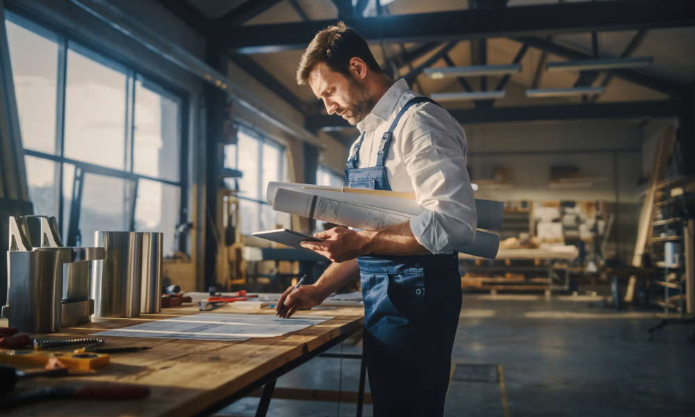 Firefly_Male Roofing expert planning a new roof project at workshop, modern workshop with day 399893